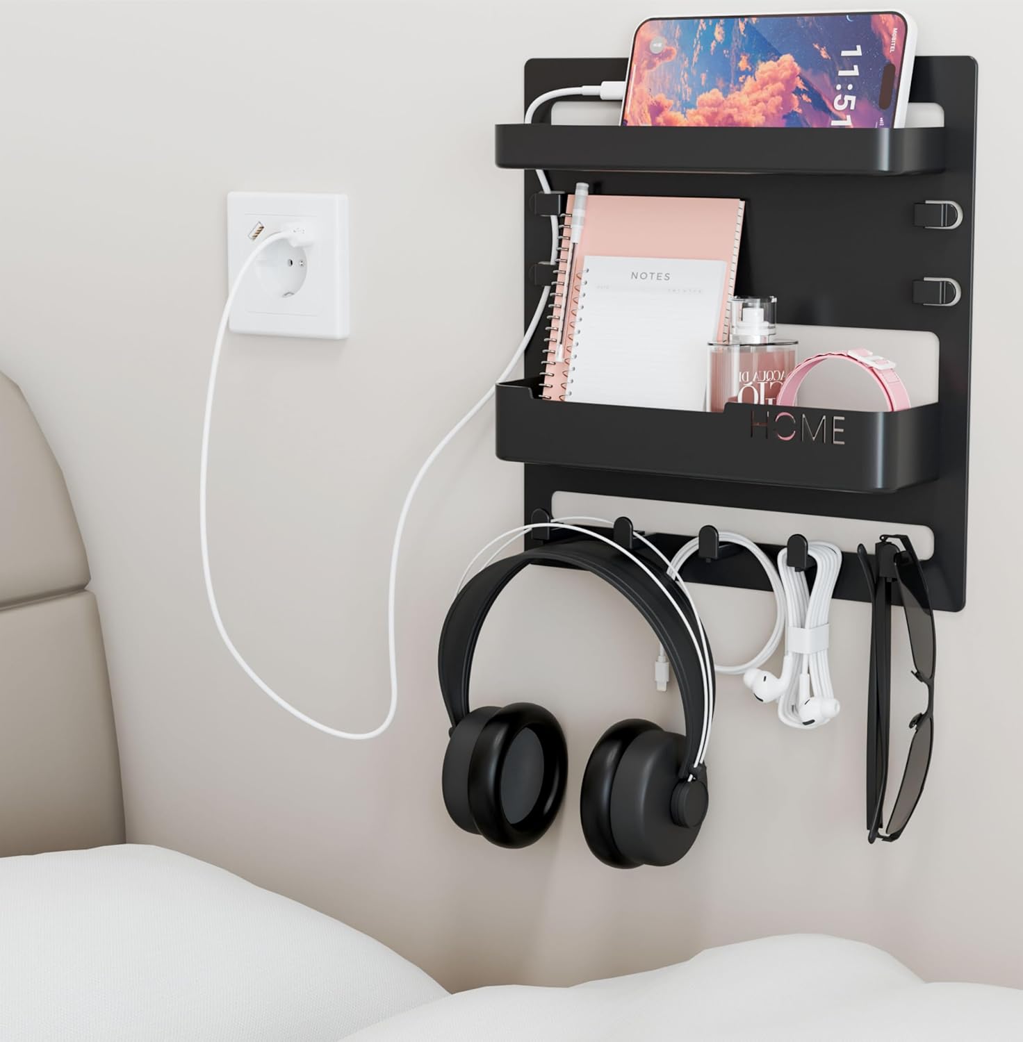 Yieach Bedside Shelf - Wall Mounted Floating Organizer for Remote & Phone | Cute Black Decor for Dorms