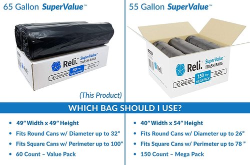 Reli. SuperValue 65 Gallon Trash Bags | 60 Count | Made in USA | Heavy Duty | Black Multi-Use Garbage Bags