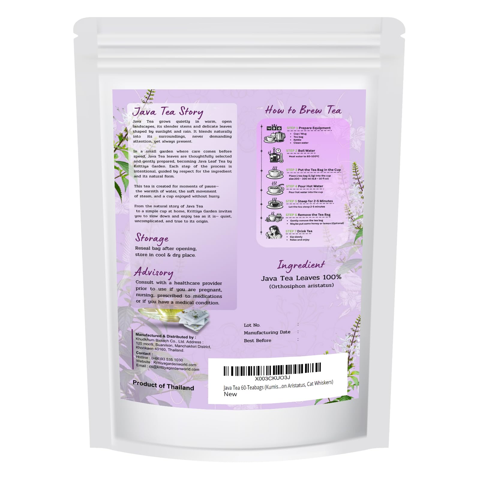 Wild Java Tea 60-Teabags (Kumisukuchin, Orthosiphon Aristatus, Cat Whiskers) 1.5g X 60 Tea Bags