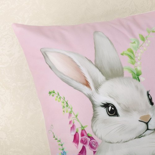 Bonhause Spring Easter Bunny Throw Pillow Covers 18x18 Inch Pink Rabbit Floral Butterfly Home Sweet Home Spring Decor Soft Velvet Decorative Pillow Cases for Couch Sofa Patio Garden Set of 4