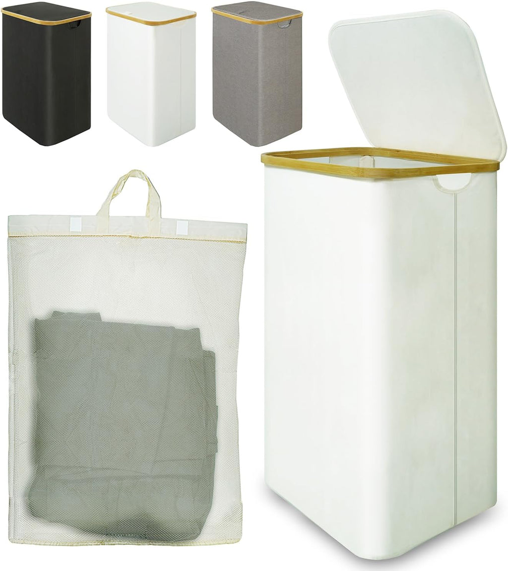 Bamboo Laundry Hamper - 88L Collapsible Basket with Lid & Handle | Waterproof Organizer for Bedroom & Bathroom (White)