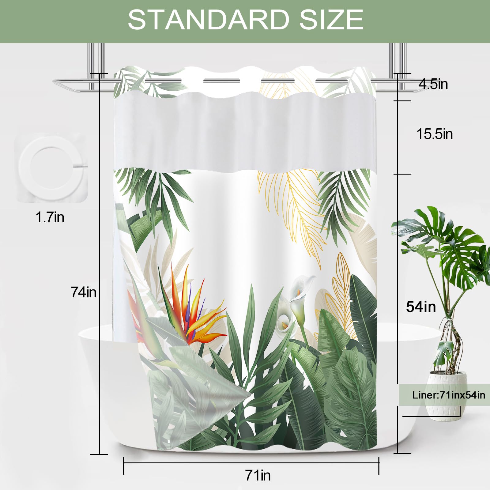 TWLSNCD No Hook Shower Curtain with Snap in Liner, Tropical Leaf Shower Curtains and Liner Set for Bathroom, Monstera Palm Leaves Floral Fabric Bath Curtain, Waterproof Washable, Green 71" x 74"