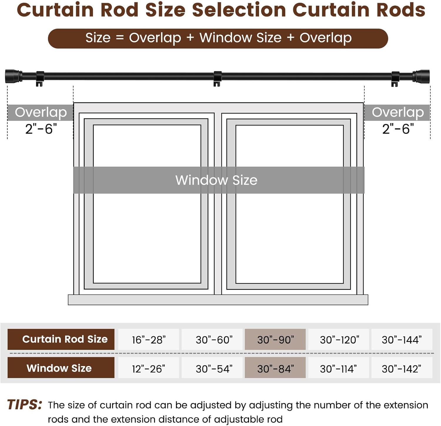 Skiennix Matte Black Curtain Rod - Adjustable 30-90 Inch Heavy Duty Telescopic Design | 2 Pack