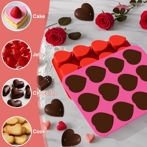 3 Pieces Heart Silicone Molds 12 Cavities Chocolate Mold Non-Stick Silicone Heart Shaped Mold Baking Valentines Molds for Making Soap Chocolate Jelly Candy (Red, Purpel, Pink)