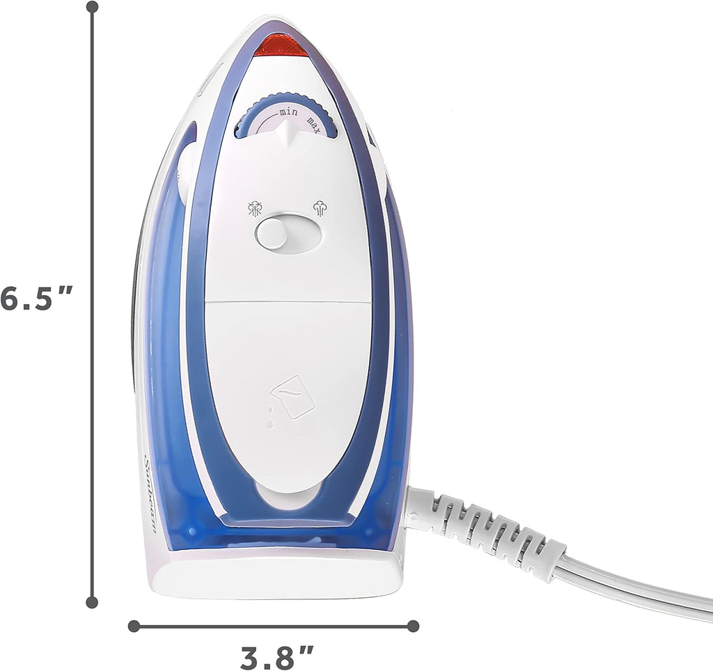 Sunbeam Hot-2-Trot Travel Steam Iron - 800W Dual Voltage, Compact & Portable, Non-Stick Soleplate, White/Blue