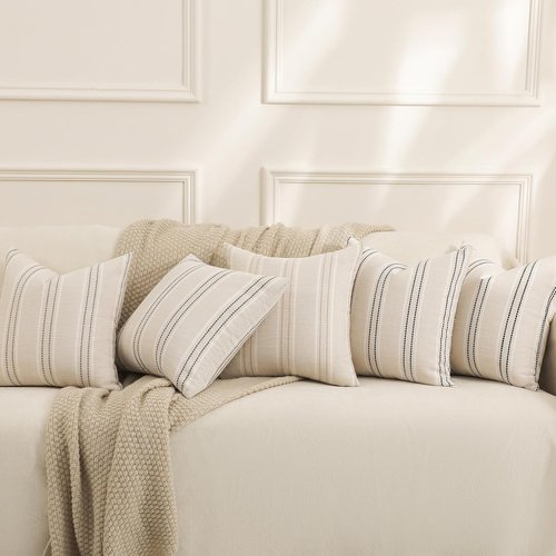 Hckot Throw Pillow Covers - Set of 2 Decorative Striped Linen Cushions | 20x20 Inches, Grey