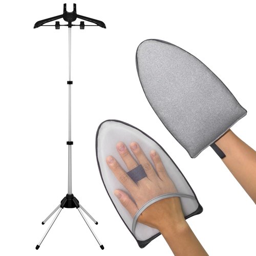 Clothes Steamer Rack Stand with Ironing Glove - Portable Steamer Hanger for Wrinkle Removal, Garment Steamer Rack with Handheld Ironing Pad Board for Quick Clothing & Fabric Steaming