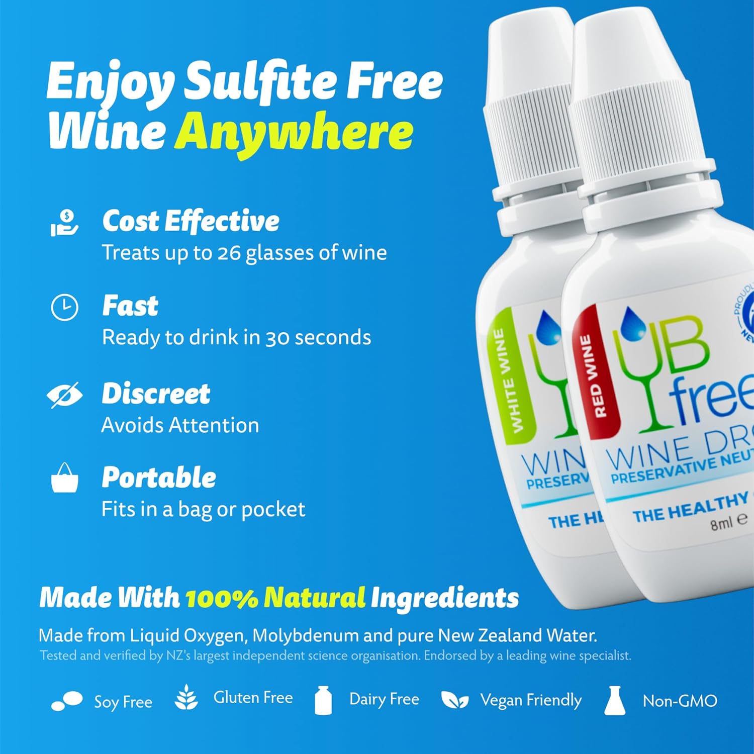 UBfree Wine Drops - 2pk Red & White - Removes Sulfites and Histamines from Red and White Wines | Naturally Eliminate Wine Headaches Sensitivities and Allergies | Odorless Tasteless | Discrete Portable