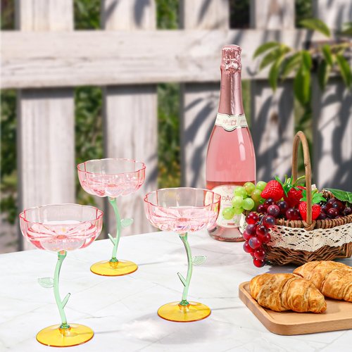 HKSZEH 48 Pcs Pink Plastic Ribbed Coupe Glasses Detachable 7oz Flower Cocktail Glasses Modern Wavy Plastic Cocktail Coupes Disposable Martini Glasses Mimosa Glassware champagne goblets (48, PInk)