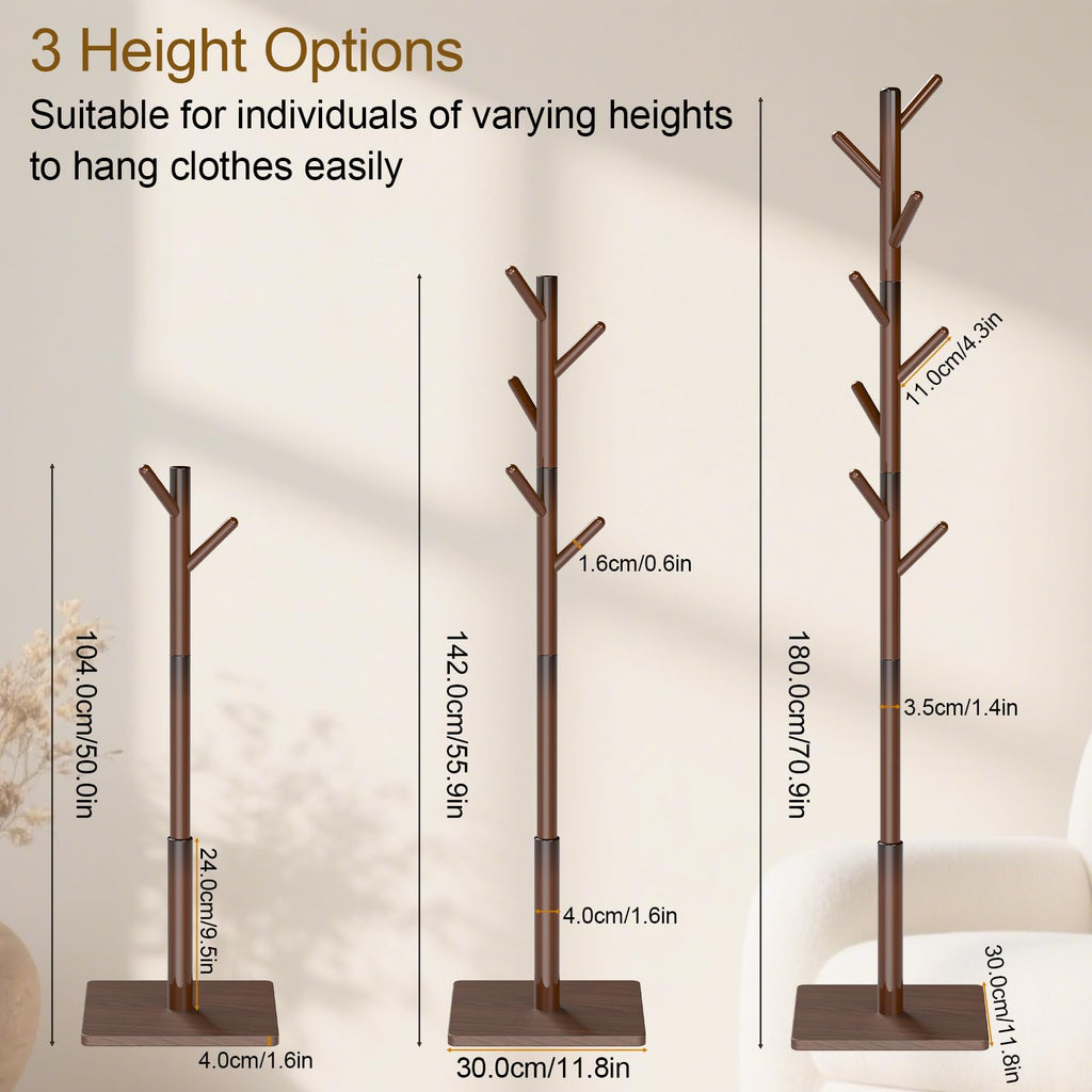 YheenLf Coat Rack Freestanding with Stable Square Base for Cloathes, Hat, Used in Bedroom, Office and Entryway, Sturdy and Easy Assembly Coat Tree with 3 Adjustable Sizes and 8 Hooks, Brown