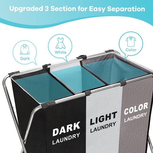150L Laundry Cloth Hamper Sorter Basket Bin Foldable 3 Sections with stainless steel Frame Washing Storage Dirty Clothes Bag for Bathroom Bedroom Home Storage Basket (Black+Gray+Coffee)