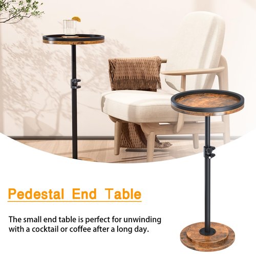Kificet Small Side Table, Drink Table, Height Adjustable Round End Table, Pedestal Side Table for Small Spaces in Living Room, Bedroom, Brown