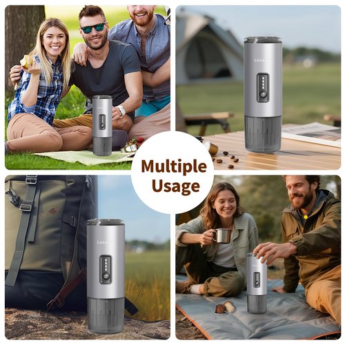 Loezora Stainless Steel Portable Espresso Maker – 20Bar, 7500mAh Rechargeable, 3-in-1 for Nespresso/DG Capsules & Ground Coffee, Self-Heating, Best Value for Camping Car Travel (Silver