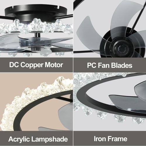 FTZVRD Ceiling Fans with Lights, 24 Inch Ceiling Fan with Light and Remote, Low Profile, Reversible, Dimmable LED, Flush Mount, DC Motor, Fandelier Black Ceiling Fan for Bedroom, Kitchen, Office