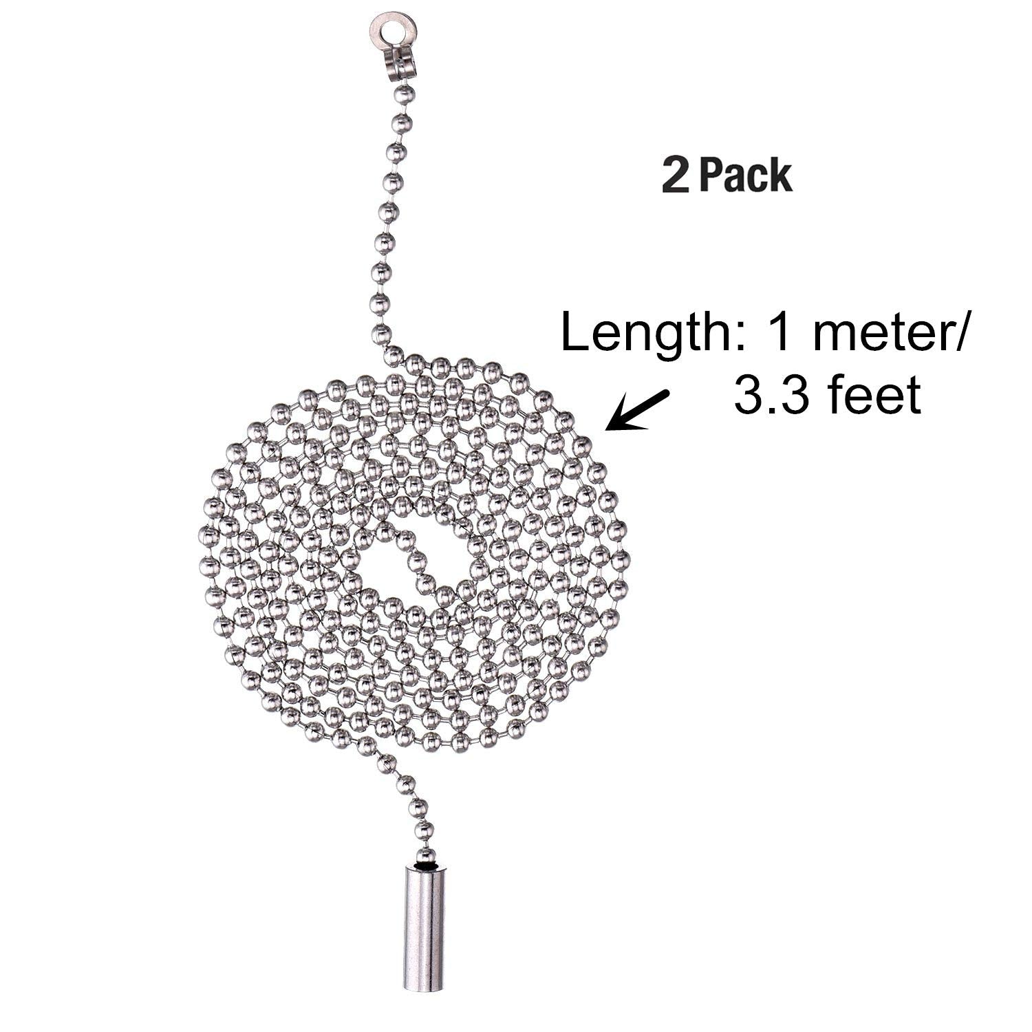 Shappy 2 Pack Steel Beaded Ball Pull String Extension Chain with Connector for Ceiling Fan Light Fixture Light Bulb Switch Chain Extender, 1 Meter Length