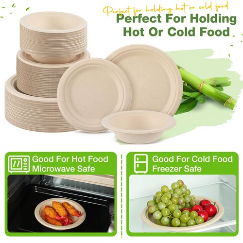 Havawish 300 Pcs Compostable Paper Plates and Bowls Set 7 Inch 9 Inch Disposable Plate 12oz Biodegradable Bowls for 100 Guests Party Dinner Party Supplies Bulk