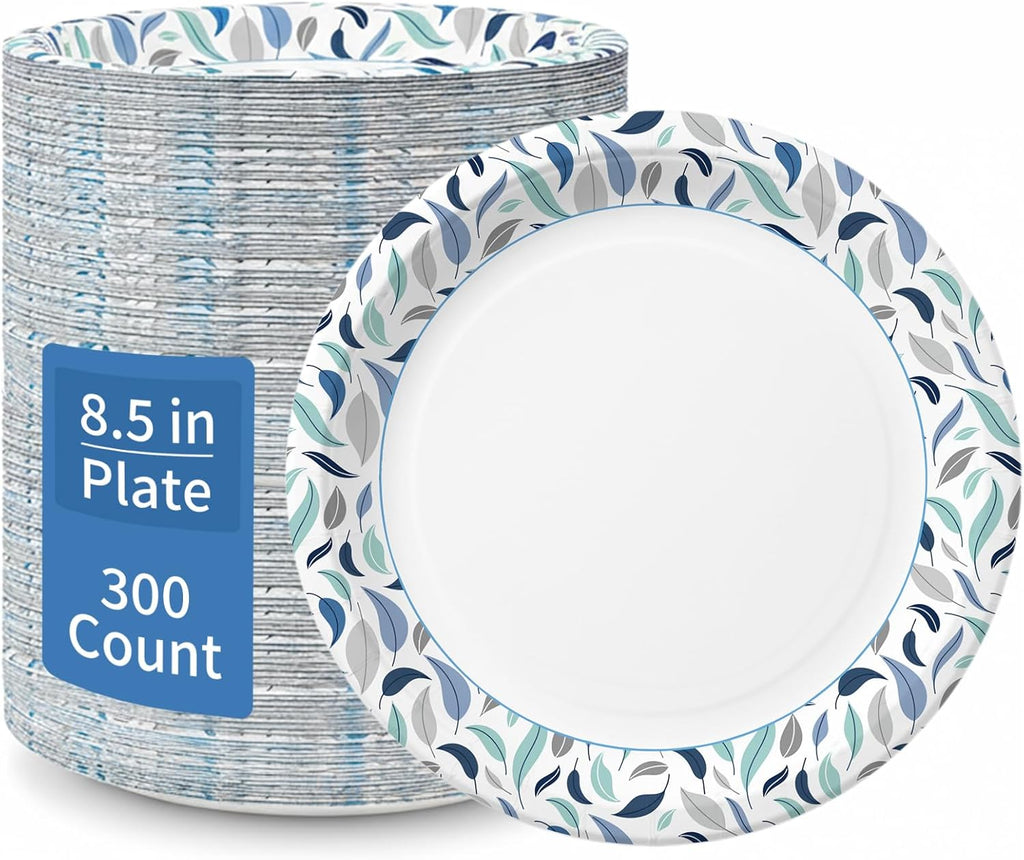 OuMuaMua 8.5 Inch Disposable Paper Plates - 300 Count, Soak Proof & Microwave Safe for Everyday Use
