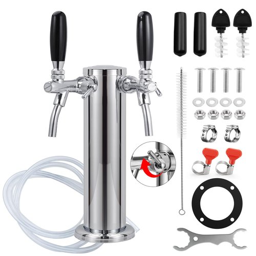 FERRODAY Upgraded Long Shank Adjustable Faucet Kegerator Tower Dual Faucet Beer Tower Double Tap Beer Tower Dispenser Beer Tap Kegerator Parts Pre-assembled Lines 3" Keg Tower Beer Keg Tap