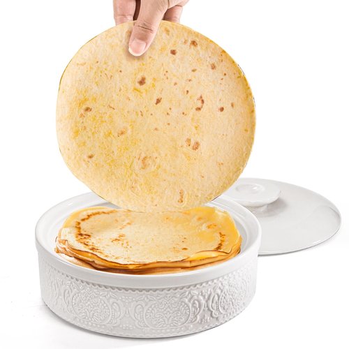 SOUJOY Ceramic Tortilla Warmer, 8.5 Inch Embossed Taco Holder with Lid, Microwave and Oven Safe Tortilla Storage Container for Mexican Party Tuesday Night, Hold up to 12 Tortillas, White