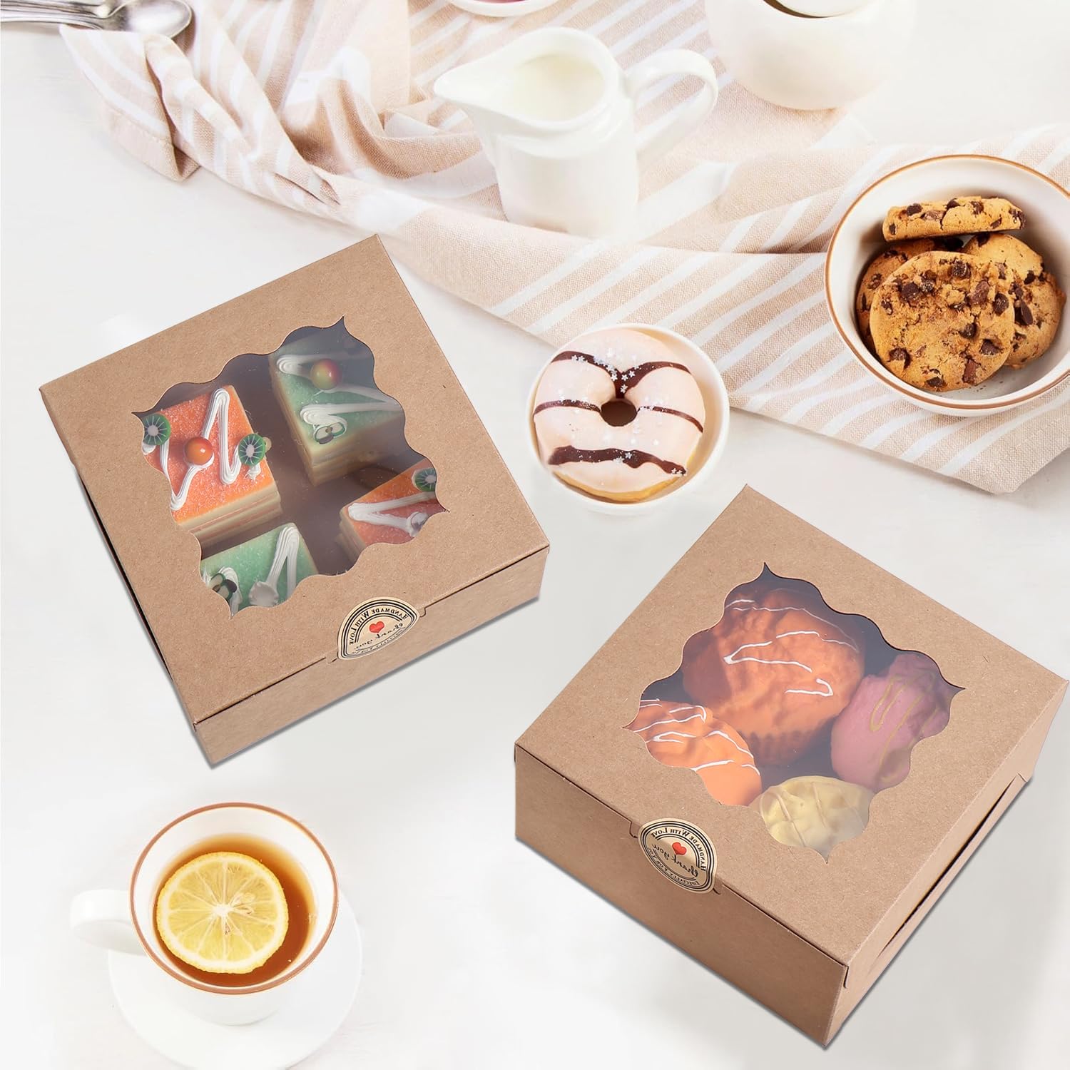 PFAMKEER 100 pcs 6x6x3 Inches Small Cake Box with Window, Bakery Pastry Cookie Boxes, Mini Pie container for Pastry,Dessert,Strawberries,Chocolates, Cupcakes with paper stickers (Brown)