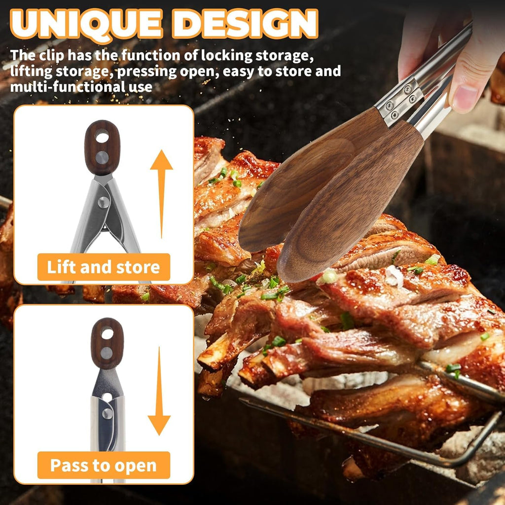 Wooden Tongs for Cooking & Serving Food, Stainless Steel Salad Tongs with Walnut Wood Tip, Anti-Slip Long Handle Wooden Kitchen Tongs Heat Resistant, Smooth Locking & Hanging Cooking Utensils Set of 2
