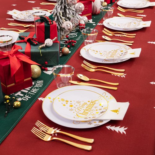 Hioasis 175pcs HChristmas Plastic Plates - Elegant Disposable Dinnerware Set Suitable for 25 Guests Include 10.25" Dinner & 7.5" Dessert Plates, Knives,Forks,Spoons, Cups,Napkins for Christmas