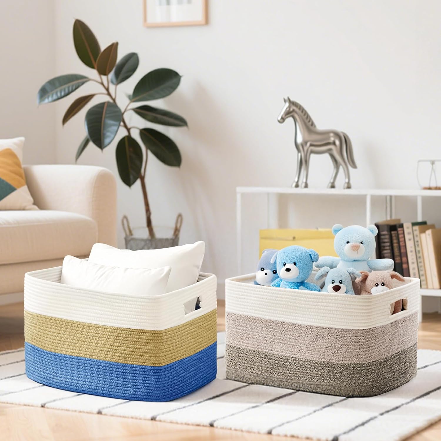 Skiennix Cotton Rope Basket - Large Woven Storage Solution for Blankets, Toys & Laundry | 72L, White & Dark Blue