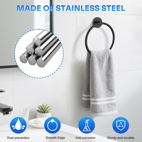 EZKEY Hand Towel Holder Screw-in Matte Black Towel Ring for Bathroom Wall Stainless Steel Round Towel Hanger for Bathroom Hardware Accessories