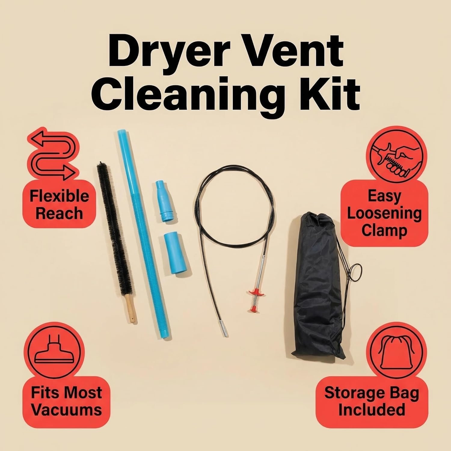 Skiennix Dryer Vent Cleaner Kit - 3Pcs Flexible Lint Brush & Vacuum Attachment with Storage Bag