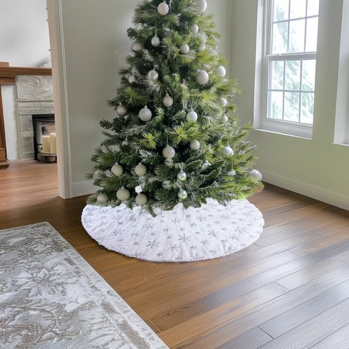 AOGU 60 Inch Sequin Faux Fur Christmas Tree Skirt Decoration for Merry Christmas Party White Plush Silver Sequin Snowflake Xmas Christmas Tree Skirt Decorations