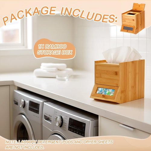 Fiwochic Bamboo Laundry Pods Container 10.6 x 8.3 x 6.9 Inch, 3 in 1 Multi Purpose Storage Organization Container for Laundry Pods, Facial Tissues, Disposable Gloves, Dryer Sheet Box