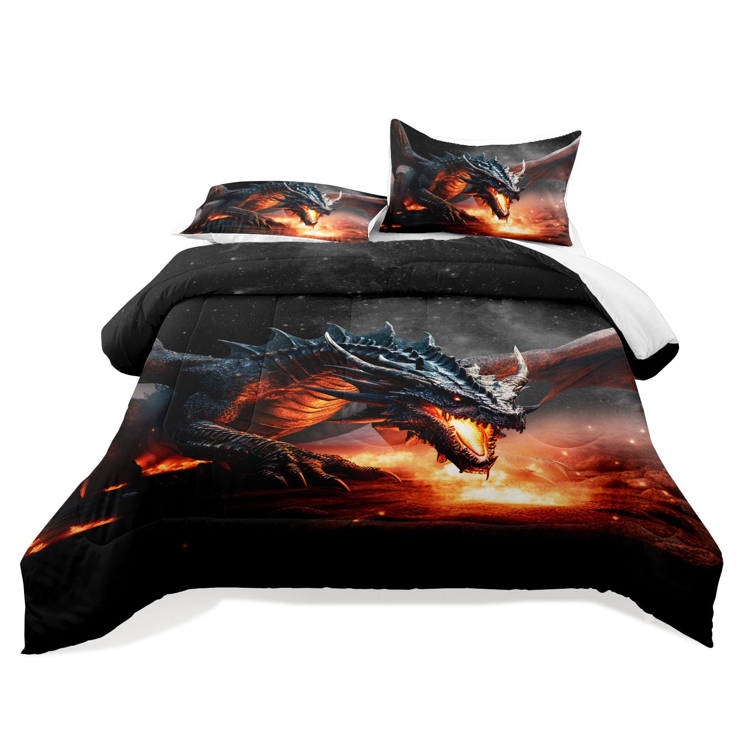 Raphus cucullatus 3D Dragon Cartoon Queen Bedding Sets for Boys,Dragon Comforter Set Queen Size,Dragon Bedding Set Queen,Boys Bedding Sets Queen,Ancient Wild Animal Dragon Pattern Bedding Set