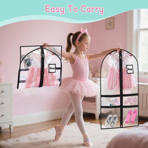 10 Pack Garment Bags for Dance Costumes,40" Kids Clear Garment Bags for Hanging Clothes with 4 Zipper Pocket,Dance Competition Must Haves for Dance Competition, Travel, Closet Storage(Black)