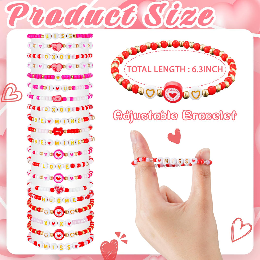 yesaior 60 pcs Valentine's Day Bracelets Bulk Colorful Friendship Adjustable Beaded Bracelets Bulk Women's Clay Surfer Heishi Jewelry for Women Men Gift Party Supplies (Valentine's Day)