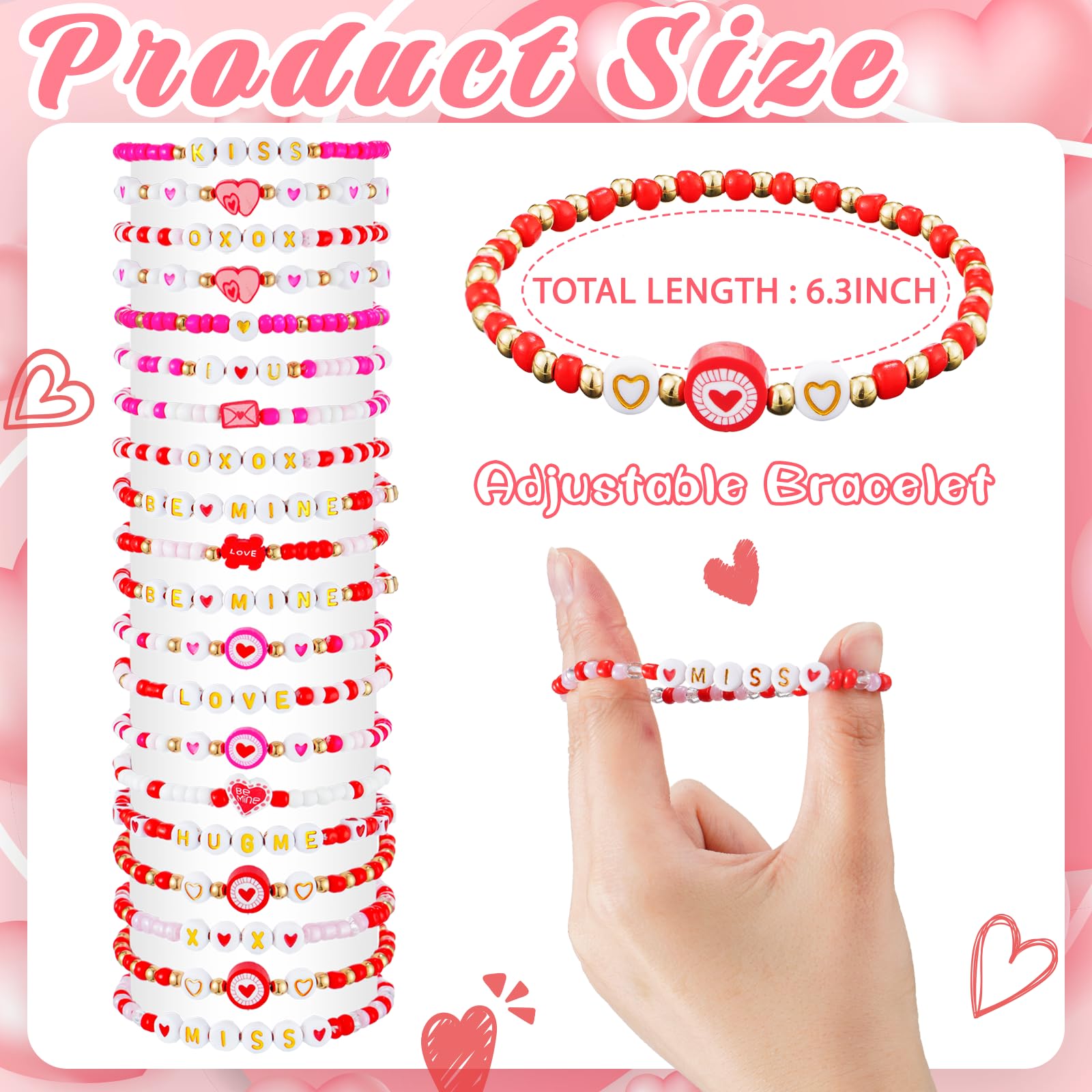 yesaior 60 pcs Valentine's Day Bracelets Bulk Colorful Friendship Adjustable Beaded Bracelets Bulk Women's Clay Surfer Heishi Jewelry for Women Men Gift Party Supplies (Valentine's Day)