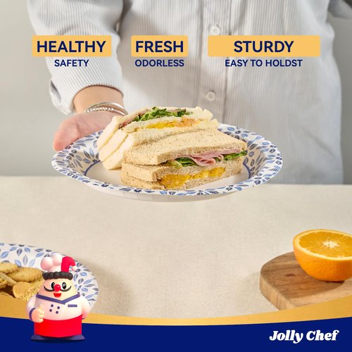 JOLLY CHEF 7 inch Disposable Paper Plates 150 Count, Soak Proof, Cut Proof, Heavy Duty Paper Plates for Everyday Use