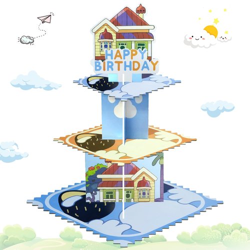 Lukinuo Blue Dog Birthday Party Cake Stand 3 Tier Blue Dog Theme Cupcake Stand Dessert Tower Holder for Baby Shower Birthday Cake Table Dessert Tower Decorations ﻿