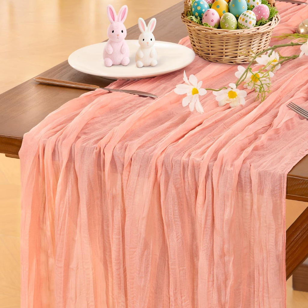 Socomi Cheesecloth Table Runner - Coral Peach Boho Style | 120-Inch for Weddings & Home Decor