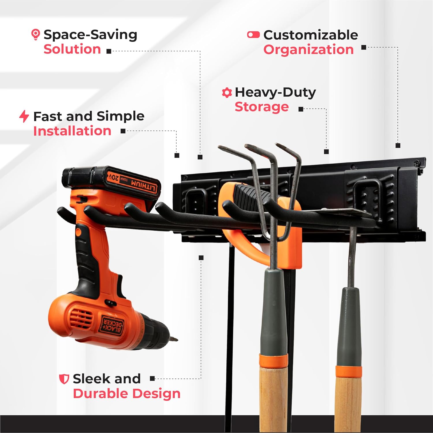TIDYME Garage Tool Organizer - Sturdy Wall Mount Rack with Adjustable Hooks | 80 Inches, 500lbs Capacity