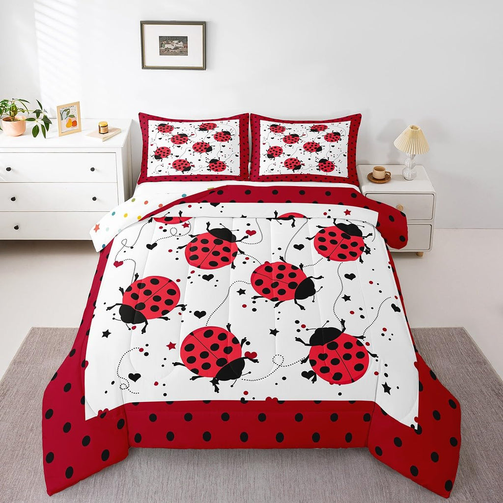 Red Ladybug Comforter Set Twin Size Cartoon Ladybugs Bedding Set for Kids Child,Cute Ladybird Reptile Duvet Insert Beetles Bugs Pattern Bed Quilt Chic Nature Art Lady Beetle Wild Animal Room Decor