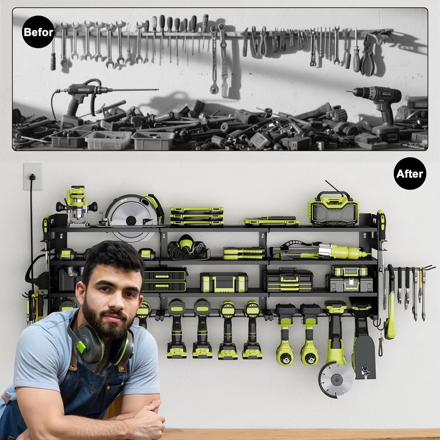 Skiennix Cordless Drill Holder - Heavy-Duty 4-Tier Tool Organizer with Pegboard & Power Strip | Wall Mount