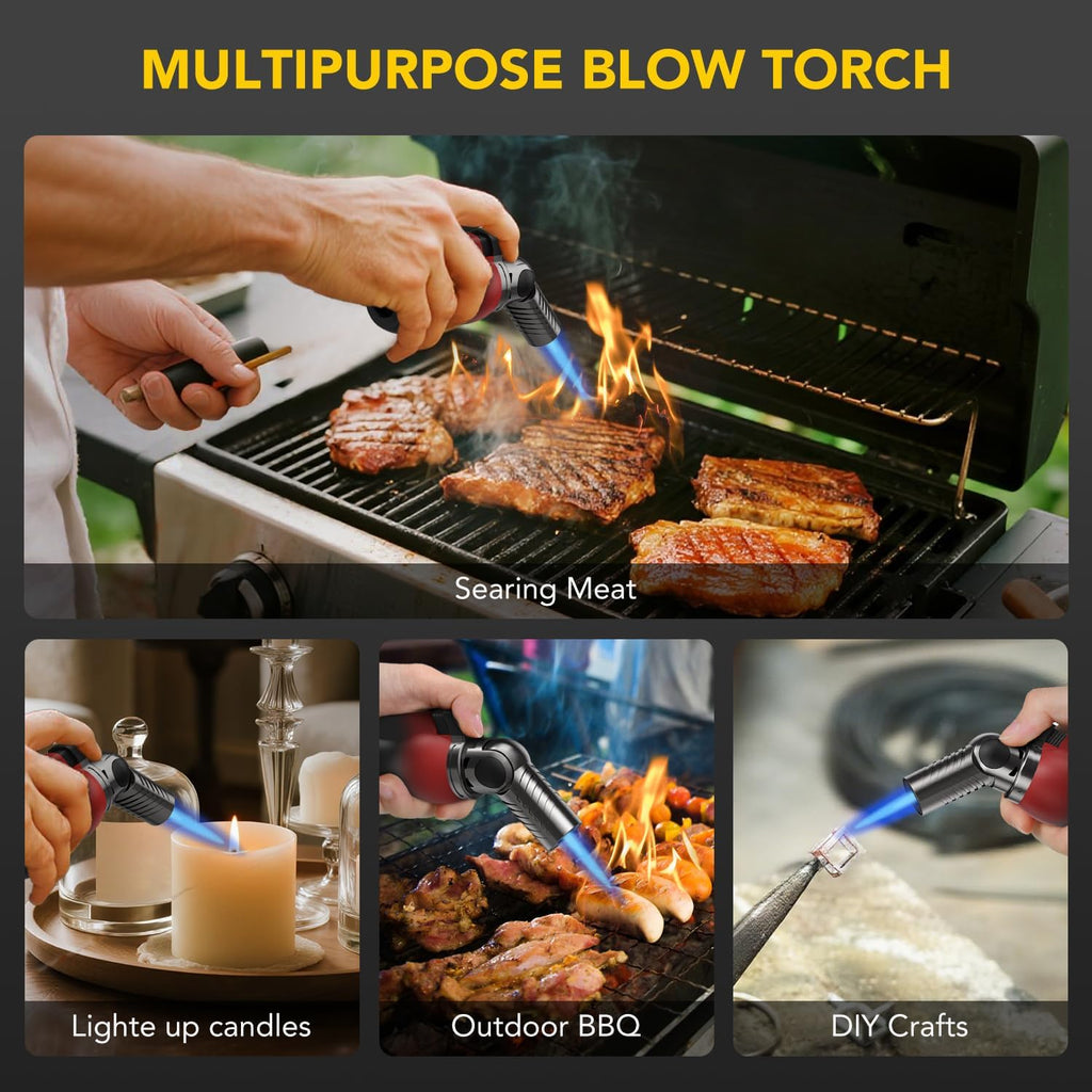 TBTeek Torch Lighter - Portable Kitchen Torch with 45° Rotatable Head & Adjustable Flame | Refillable Butane for Cooking, BBQ, Fireplaces - Red-Black