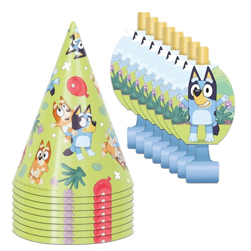 Unique Bluey Party Hats and Blowouts 8 Hats & 8 Party Blowouts with Celebrate With Me Sticker | Bluey Birthday Party Supplies for Kids