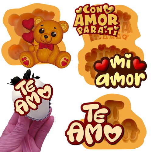 Toni Crafter - te amo 3 pcs Fondant mold perfect size for covered strawberries, letter mold with unique design, Silicone mold phrase love, spanish and english with love heart fondant mold