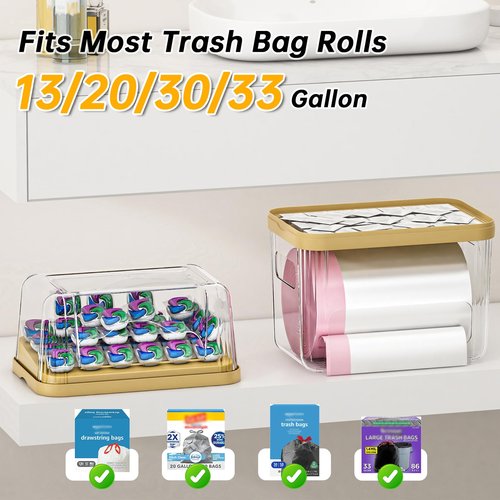 ZZWILLB 2-in-1 Trash Bag Dispenser & Laundry/Dishwasher Pods Container, Clear Acrylic Garbage Bag Organizer with Removable Lids, Under Sink Kitchen Storage Box