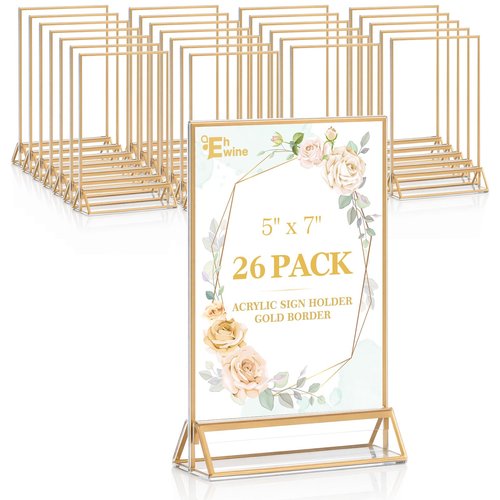 EHWINE 26 Pack 5×7 Clear Acrylic Sign Holder with Gold Borders and Vertical Stand, Double Sided Table Menu Holders Picture Frames for Wedding Table Numbers, Restaurant Signs, Photos and Art Display
