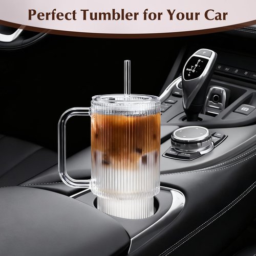 GOSCHE 26oz Glass Tumbler with Straws and Lids, Ribbed Iced Coffee Cups, Thickened Glass Cups Set Ideal for Coffee, Smoothies, Cocktails, and Juices, Clear, 2 Pack