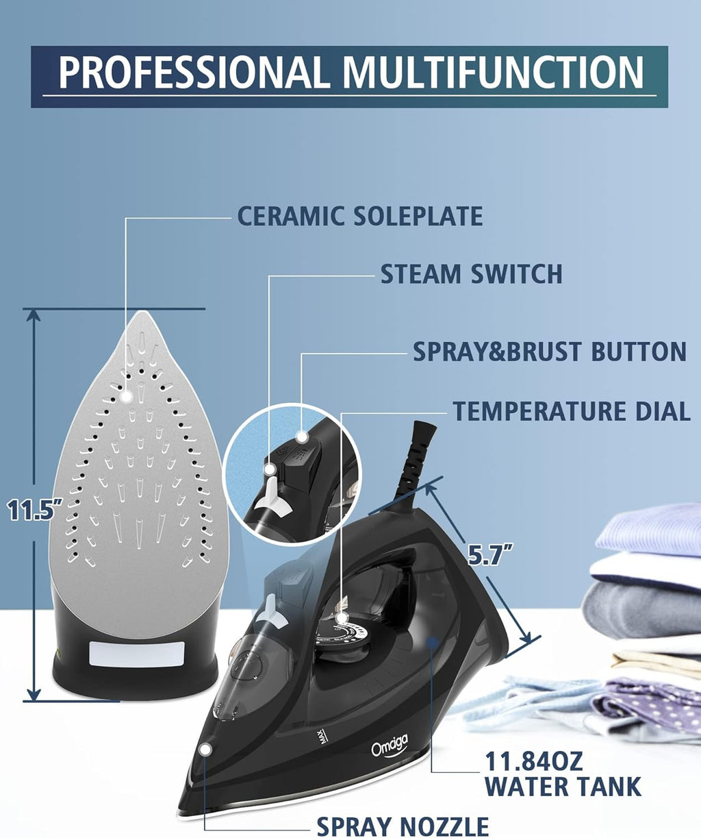 OMAIGA 1500W Steam Iron - Rapid Heating, Non-Stick Ceramic Soleplate, Auto-Off | Black