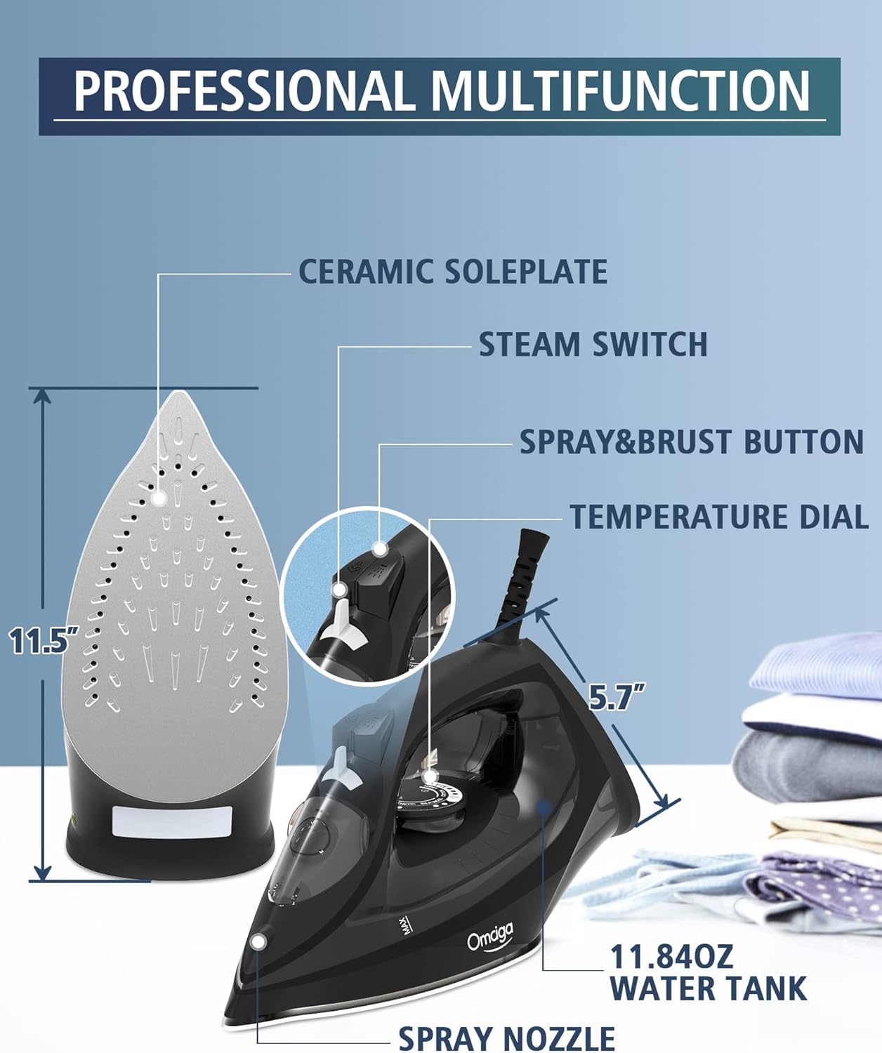 OMAIGA 1500W Steam Iron - Rapid Heating, Non-Stick Ceramic Soleplate, Auto-Off | Black