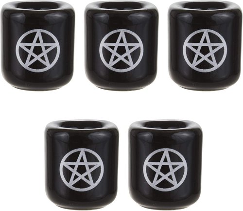 Mega Candles Ceramic Silver Pentacle Chime Candle Holder - Set of 5, Black
